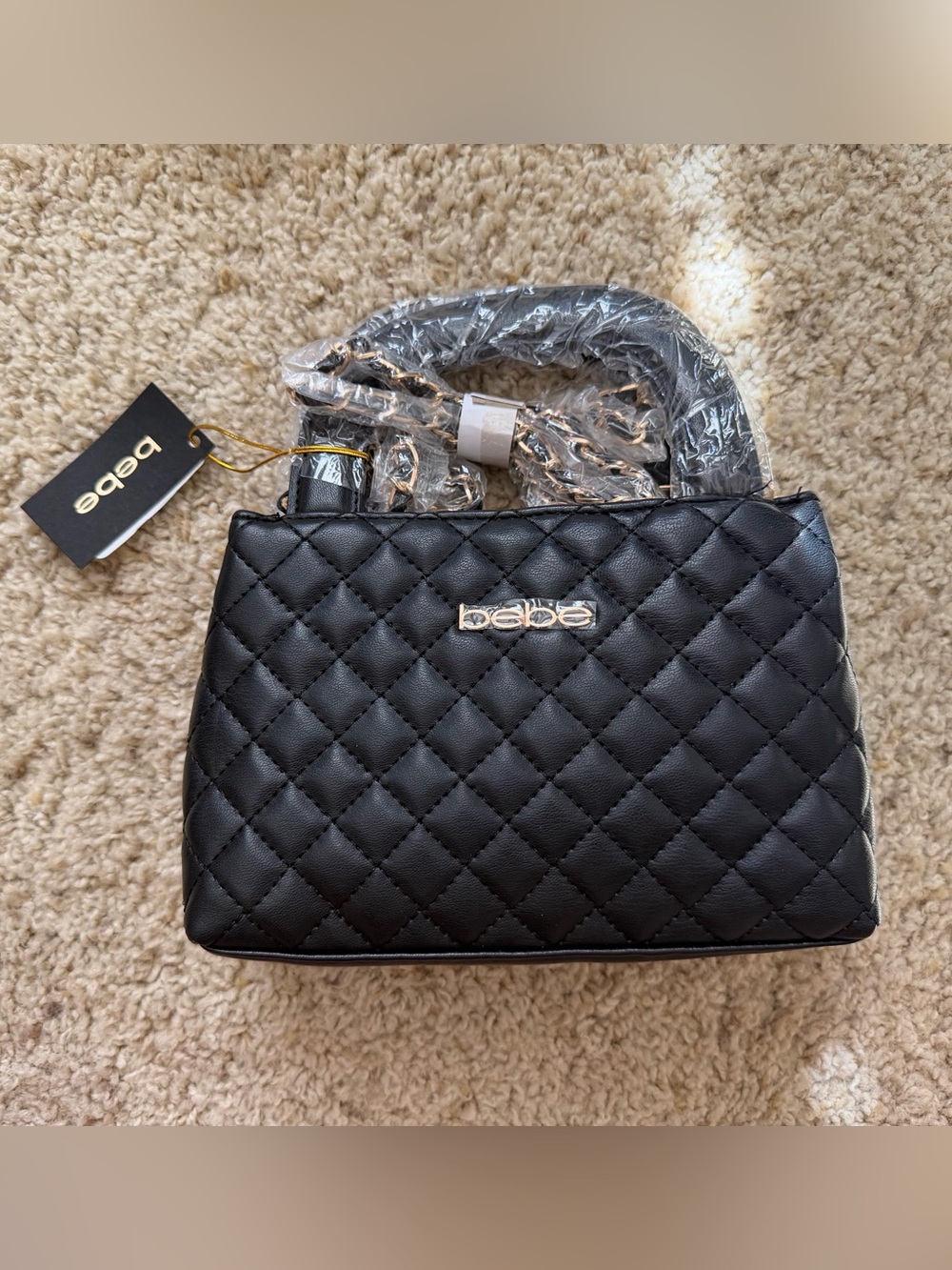 bebe Quilted Black Mini Top-Handle Bag with Gold Logo